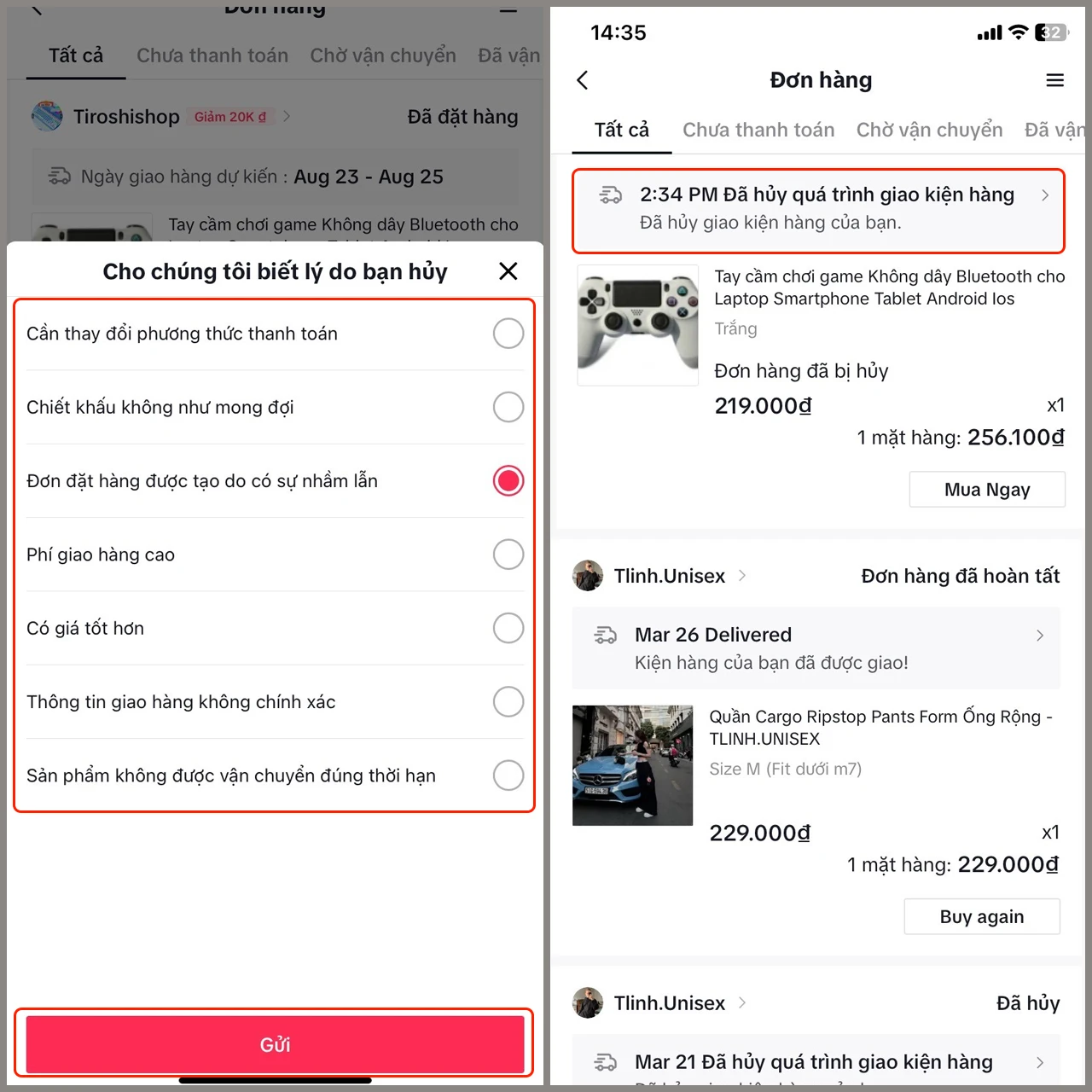 Hủy đơn hàng trên TikTok