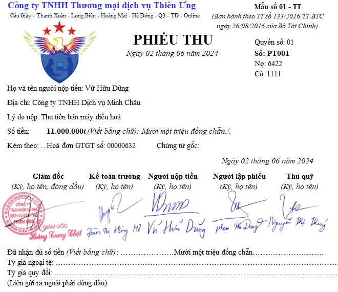 Mẫu phiếu thu theo thông tư