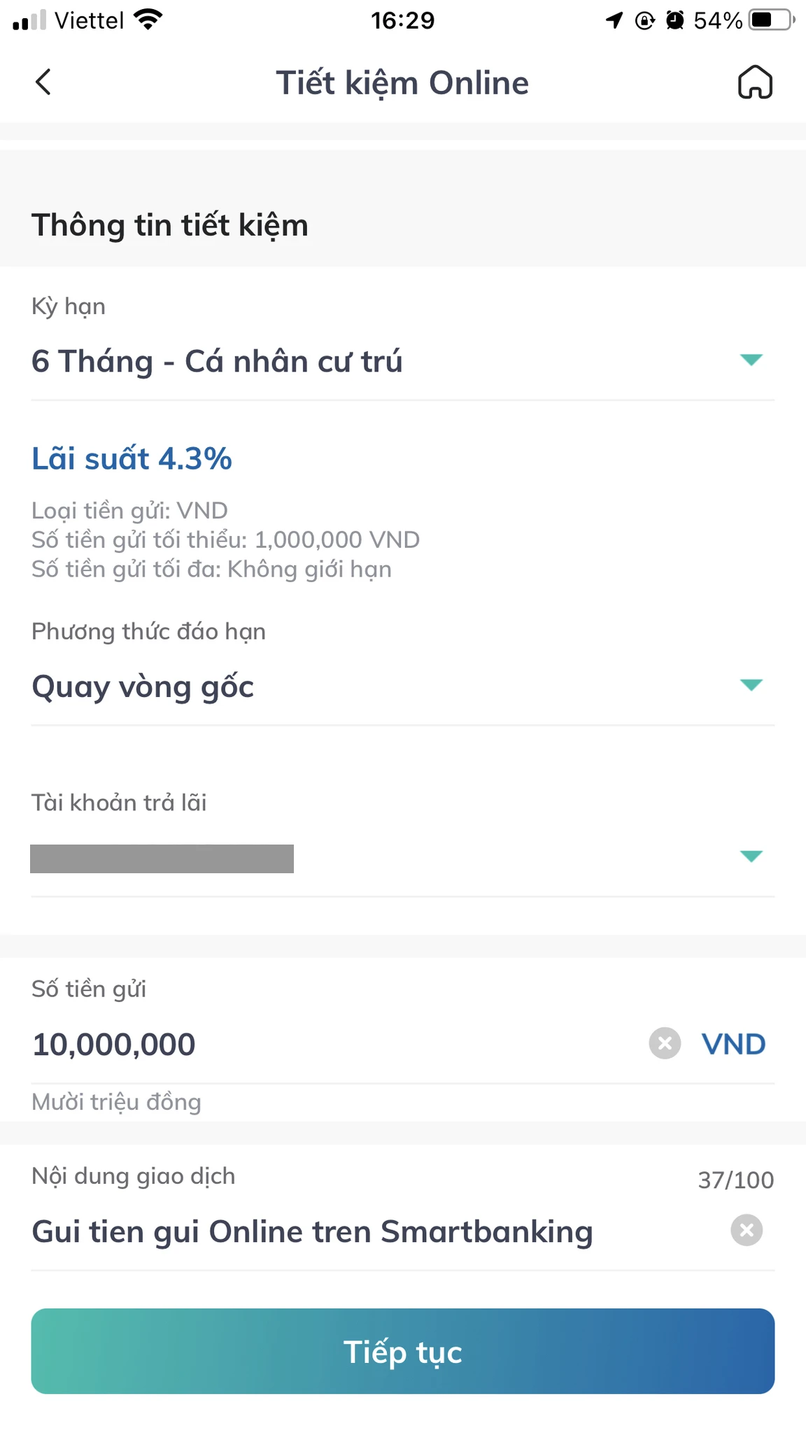 Điền thông tin và bấm tiếp tục