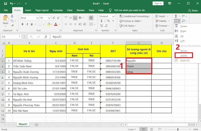 Gộp các ô trong Excel trên cùng một cột