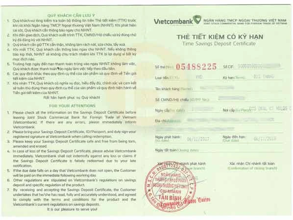 Mẫu sổ tiết kiệm ngân hàng Vietcombank