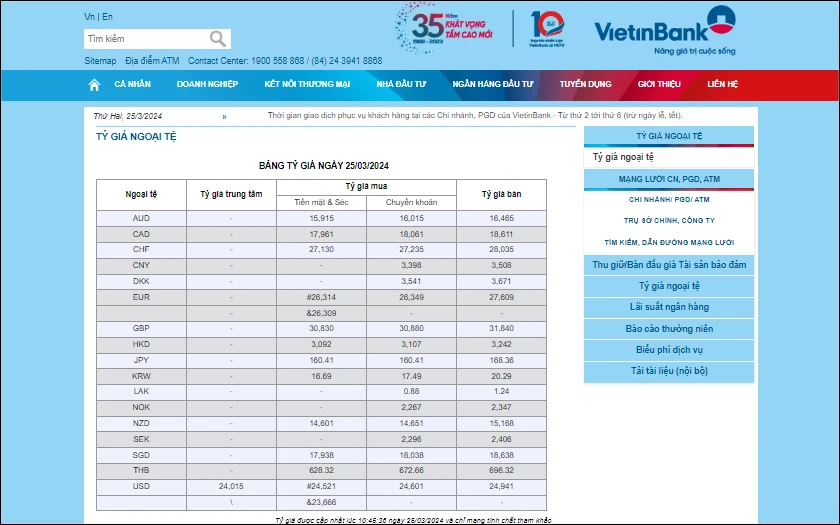Tỷ giá USD tại Ngân hàng VietinBank