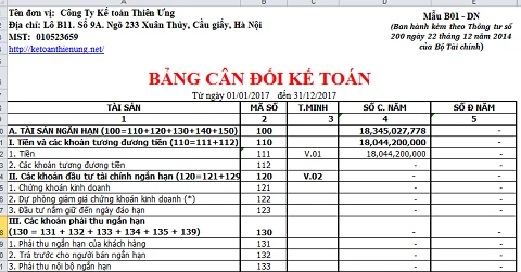 Mẫu bảng cân đối kế toán