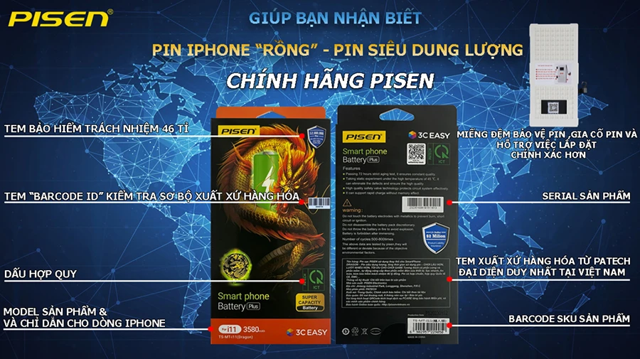 Pin iPhone 11 - Pin siêu dung lượng - 3580mAh (PISEN Dragon )